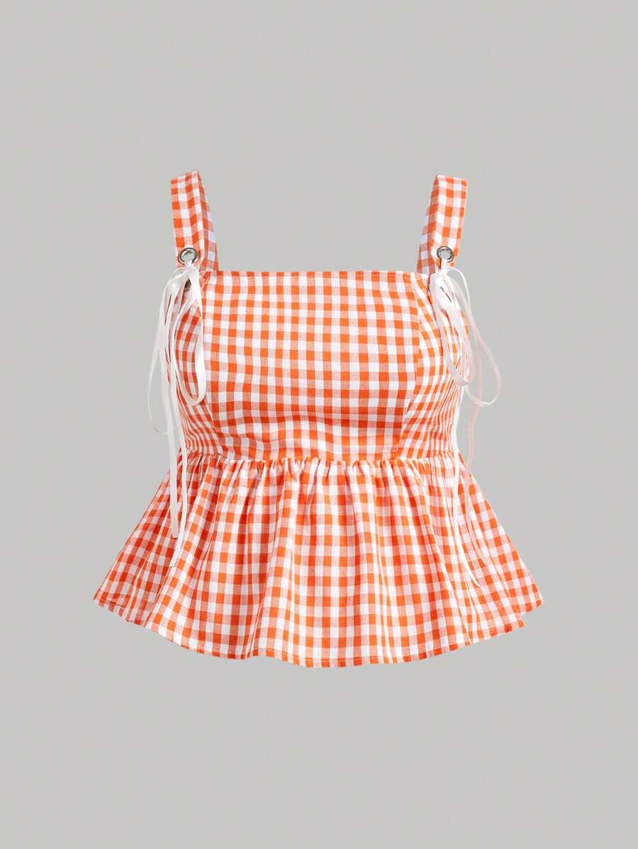 SHEIN MOD 大码复古格子可爱蝴蝶结吊带背心 女式大码上衣 女式上衣 工作上衣 女式夏季上衣 青少年夏季可爱上衣 - 橘色 - 查看 1