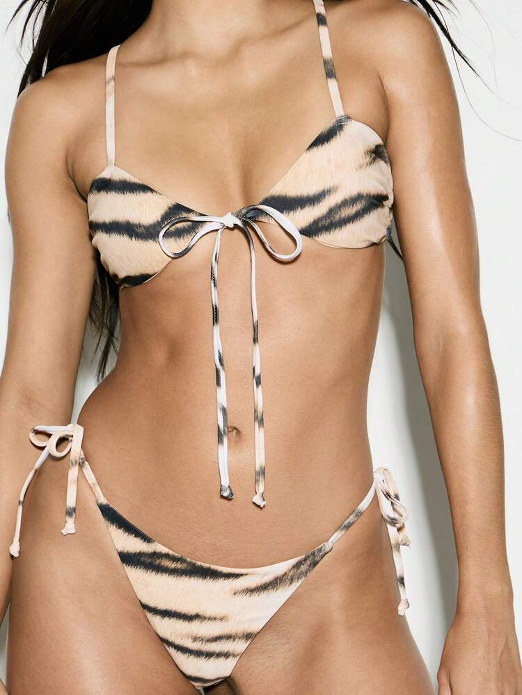 KIZN Maillot de bain deux-pièces à imprimé tigre rayé. Ensemble de bikini avec liens réglables à l'avant. Tenue de vacances, de plage, de piscine, de fête d'été, d'Ibiza