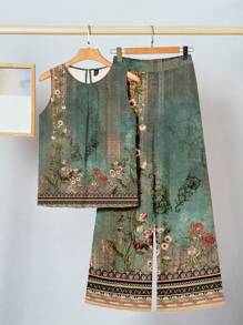 SHEIN Clasi 2 件套复古花卉印花吊带背心和裤子套装，女士夏季休闲家居服