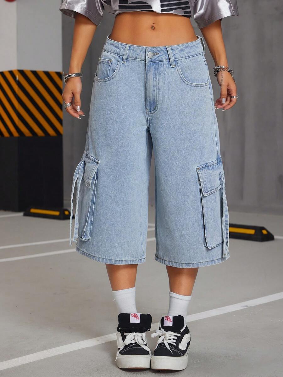 SHEIN ICON High Street Women's Loose Fit Cargo Pockets 7/8 Length Denim Pants