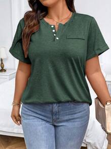 EMERY ROSE Große Größen einfarbiges T-Shirt mit halber Knopfleiste und Manschetten-Ärmeln, Henley Shirt, rosa T-Shirt, rosa T-Shirt, rosa Oberteil für Frauen