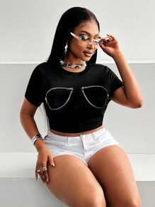 Maweii Plus Size Sexy Style Metal Zipper Short Sleeve T-Shirt - Black - View 3