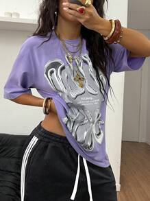 Coolane Women's Purple Knitted Casual T-Shirt With Round Neck And Half Sleeves And Abstract Graphic Print - Purple - View 1