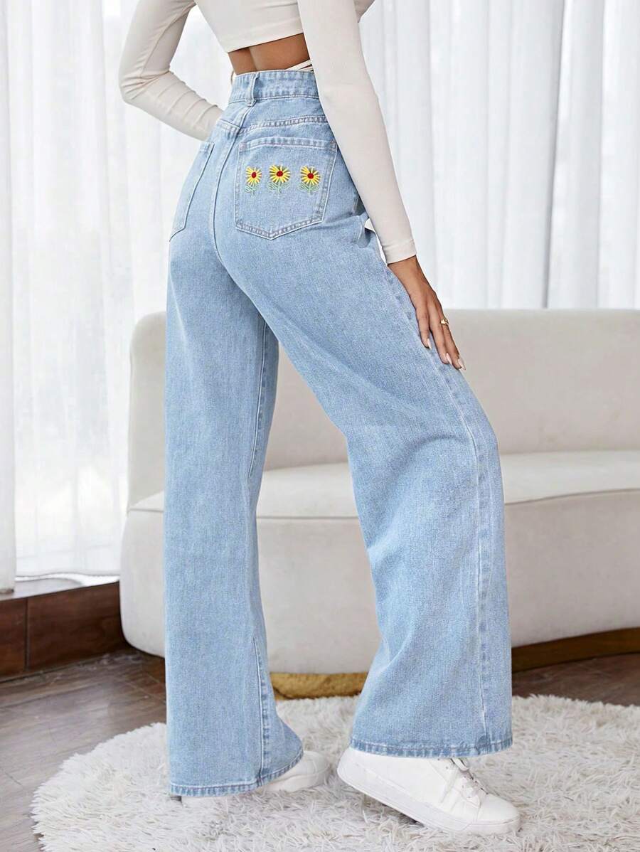 SHEIN Frenchy Casual Everyday Floral Embroidery Slant Pocket Washed Denim Pants Winter Chic