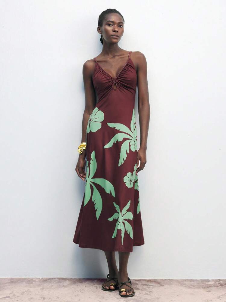 SHEIN Maija 2026 Spring Summer New Tropical Rainforest Palm Tree Print Bohemian Style Long Dress, Suitable For Wedding Guest, Brunch, Airport, Daily Party, Graduation, Casual Occasion, Versatile,Summer Holiday Outfits,Beach Outfit For Women, Floral Dress For Women Elegant Women's Blouses Casual Blouse For Women Formal Attire For Women Office Wear Women Business