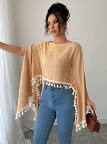 SHEIN Unity Solid Color Asymmetrical Hem Long Sleeve Versatile Blouse Fall Cloth For Women - Khaki - View 5