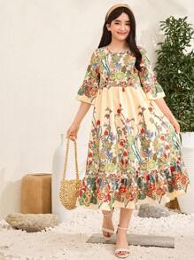 SHEIN Teen Girl Woven Print Shift Dress - Apricot - View 5