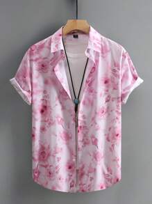 Manfinity RSRT 男士夏威夷花卉印花单排扣休闲短袖衬衫（不均匀印花） 男士精美衬衫 男士衬衫 高品质男士衬衫 时尚衬衫 男士夏季衬衫 男士衬衫 - 粉色 - 查看 3