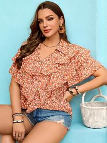SHEIN LUNE Plus Size Women Orange Ditsy Floral Ruffle Hem Shirt, Easter
