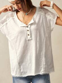 Bohemela Áo thun Henley tay ngắn dáng rộng thoải mái cho nữ - Màu be - Xem 2