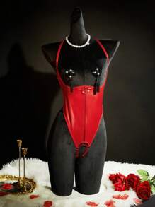 SpicyHot Conjunto de lencería de una sola pieza sexy para mujer con cubierta para pezones con flecos, sin entrepierna, con abertura en el pecho y sujeción en la espalda