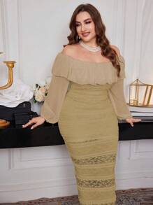 Modelyn Plus Size Women Elegant Off-Shoulder Ruffle Textured Knit Party Dress, Elegant, Fitted Dresses Maxi Women Outfit Long Evening Dresses - Khaki - View 5