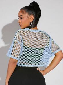 SHEIN SXY Damen Mesh einfarbig Kurzarm Rundhals Modische Oberteile, geeignet für den Sommer