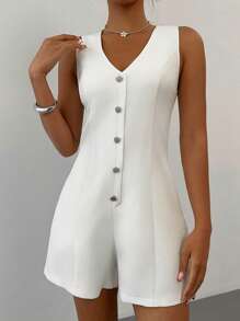 Rafferiza Bộ đồ liền thân chữ A cổ chữ V cạp chun đơn giản cho nữ, phong cách tối giản - trắng - Xem 7