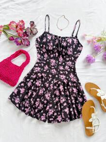 Soleia WYWH Vacation Red& Black Floral Print Cami Romper