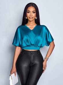 SOLERSUN Women's Spring Summer Elegant Daily Wear Solid Color Plunging Neck Lantern Sleeve Wrap Satin Blouse