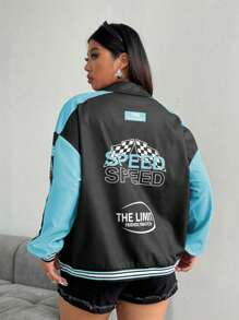 POPSWAY Plus Size Women Street Style Contrast Color Letter Print Drop Shoulder Jacket - Teal Blue - View 7