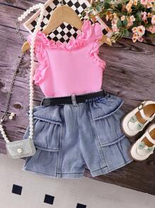 SHEIN Baby Mädchen 2-teiliges Set: Weiße Bluse + Denim Shorts mit Rüschensaum