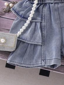 SHEIN Baby Mädchen 2-teiliges Set: Weiße Bluse + Denim Shorts mit Rüschensaum