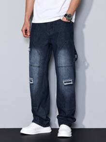 Manfinity Homme Men's Distressed Pocket Contrast Color Straight Leg Jeans, Casual - Dark Wash - View 5