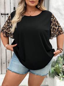 SHEIN CURVE+ Áo thun nữ tay xếp ly họa tiết da báo ngày lễ tình nhân cỡ lớn, dáng rộng, phong cách Boho Holiday - màu đen - Xem 9