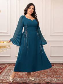 Modelyn Vestido elegante de talla grande para mujer con manga abullonada, plisado y cintura anudada en unicolor