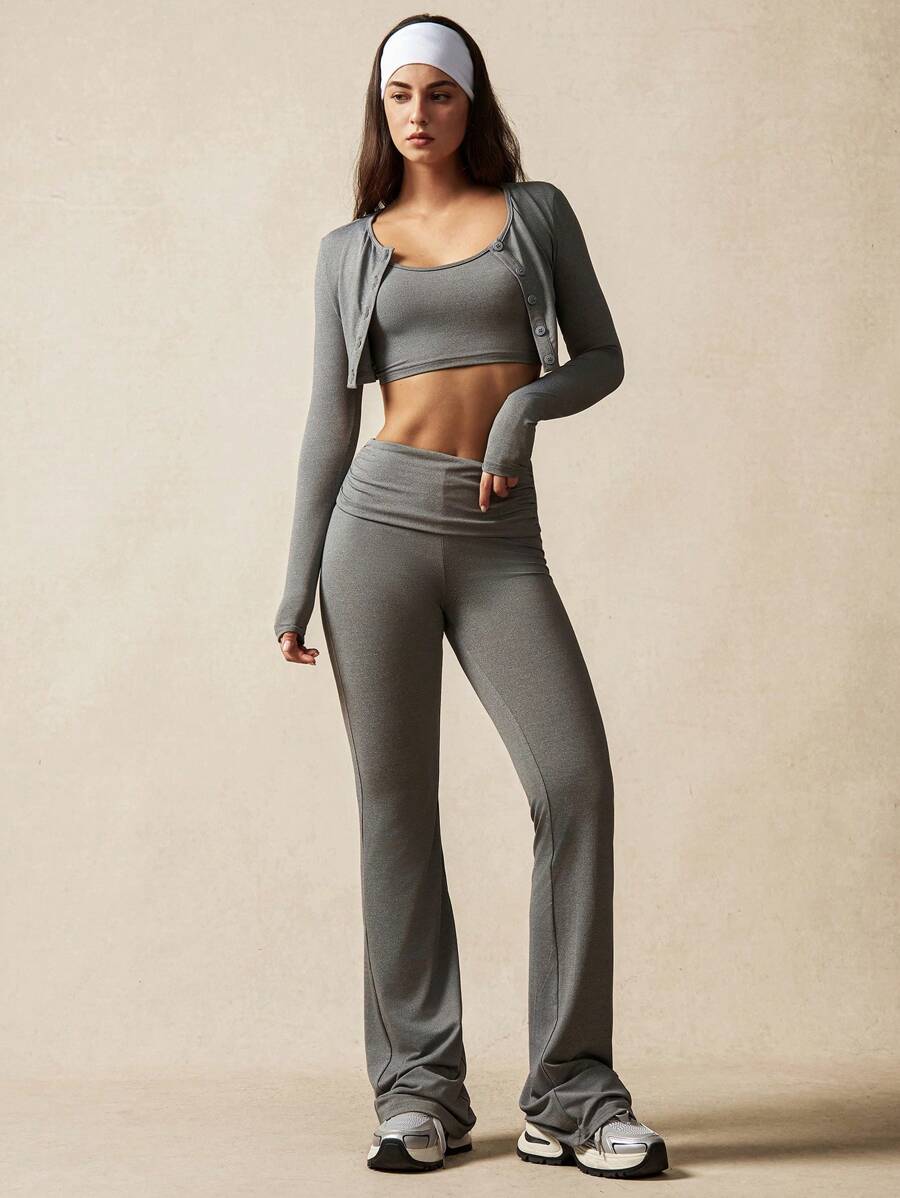 VARSITIE Vest Cardigan Low-Rise Gathered Turn-Waist Slightly Flared Trousers Women Sports Sets - Grey - View 1