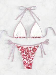 Swim Mod Women Summer Floral Print Halter Bikini Set For Beach Holiday - Multicolor - View 2