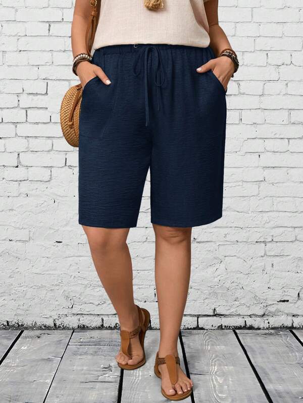 EMERY ROSE Plus Size Summer Casual Solid Color Oblique Pocket Drawstring Waist Shorts