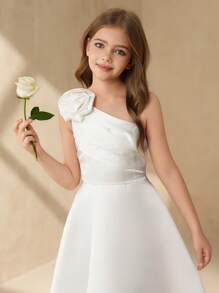 Plus Size Elegant And Fancy Girls' Flower Decor One Shoulder Short Party Dress, Suitable For Flower Girl In Wedding Season - White - View 3