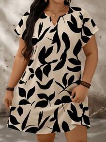 SHEIN LUNE Plus Size Leaf Print Casual Colorblock Pattern Loose Short Sleeve Dress, Suitable For Summer Chic Dress - Beige - View 4