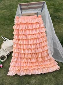 SHEIN Privé Váy thun lưng cao xếp nếp thanh lịch thường ngày cỡ lớn cho nữ, vải bóng, thích hợp cho kỳ nghỉ xuân/hè - Màu be - Xem 13