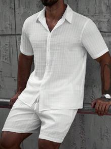 Manfinity Homme 2 件男士纯色短袖单排扣衬衫和短裤套装，休闲男士夏季服装男士衬衫套装男士衣服男士衬衫套装男士短裤套装男士衬衫套装