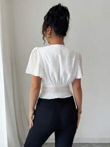 Elenzga Women's Spring Summer New Chiffon Jacquard Waist Gathered Vacation Blouse - White - View 2