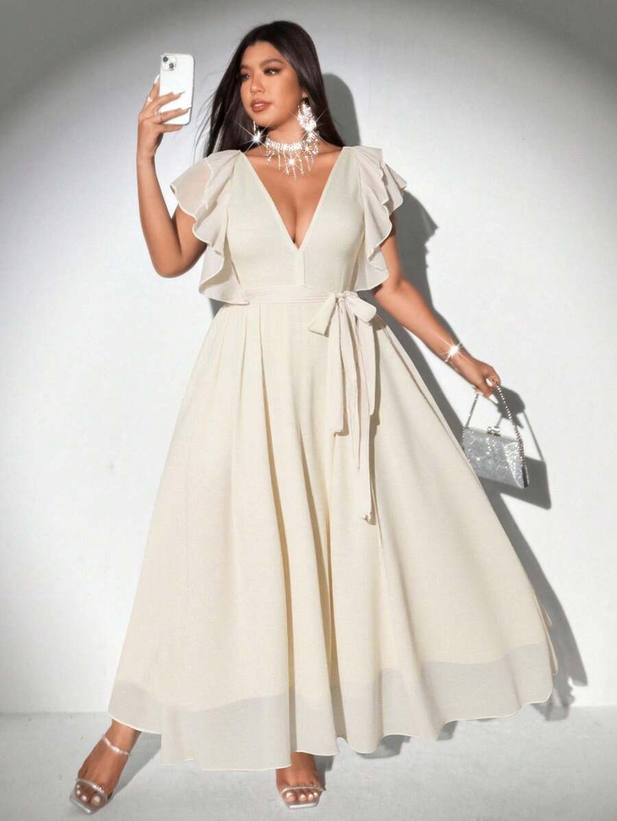 Viva Relle Plus Size Women Elegant Romantic Lace Up Deep V-Neck Ruffle Sleeve A-Line Chiffon Dress - Apricot - View 1