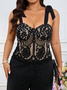 SHEIN Frenchy Plus Size Elegant Lace Camisole Top, Suitable For Vacation - Black - View 3
