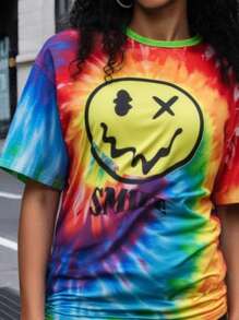 Teen Girl Cool Tie Dye Face Print Short Sleeve Top And Shorts Set - Multicolor - View 2