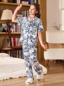 SHEIN 中国风山水人物印花女童短袖有领睡衣套装 - 彩色 - 查看 5