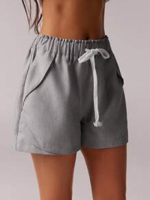 SHEIN Forever 21 全新夏季女式松紧腰带抽绳 A 字迷你短裤 - 紫紅色 - 查看 4