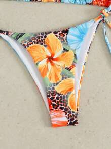 SHEIN Swim Women Casual Vacation Random Floral & Leopard Print Halter Neck Triangle Top And Tied Side Bikini Bottom Set