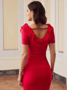 ZEYLAH Camiseta elegante de mujer de unicolor con cuello con volantes en capas y mangas cortas - Rojo - Ver 5