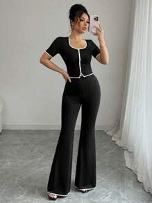 Elenzga Conjunto de 2 piezas para mujer con top elegante de botones delanteros y pantalones para uso casual y de oficina