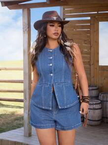 EMERY ROSE Short vaquero casual y sencillo para mujer talla grande - Azul lavado medio - Ver 1