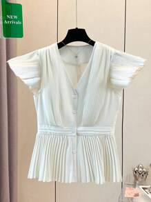 Franclia Elegant V-Neck Cap Sleeve Button Down Pleated Solid Color Blouse, Spring/Summer - Apricot - View 3