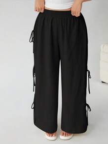 Solflare Pantalones rectos de talla grande en negro, adecuados para vacaciones de verano - Negro - Ver 5