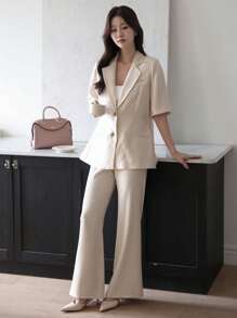 DAZY Solid Color Short Sleeve Women's Lapel Single Breasted Casual Blazer Jacket Business Attire - Apricot - View 7