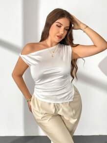 Firerie 1pc Plus Size Women Asymmetric Neck Asymmetrical Ruffle Hem Summer T-Shirt, Suitable For Wedding, Vacation, Office Wear Women Plus Tops Women Spring Tops Women Summer Blouses Women Shirt Work Blouse Women