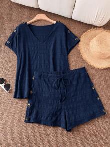 SHEIN LUNE Plus-Size Blue Two Pieces Crewneck Shirt + Shorts Two Pieces Suit Loose Casual Buttons Decorated Women's Set