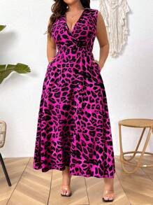 SHEIN Clasi Plus Size Women Leopard Print Sleeveless Turndown Collar Cinched Waist Maxi Dress - Hot Pink - View 6