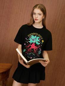 HARRY POTTER X SHEIN Women's Black Round Neck Short Sleeve Loose Mandrake Letter Graphic T-Shirt, Casual Summer Comfort - Black - View 5